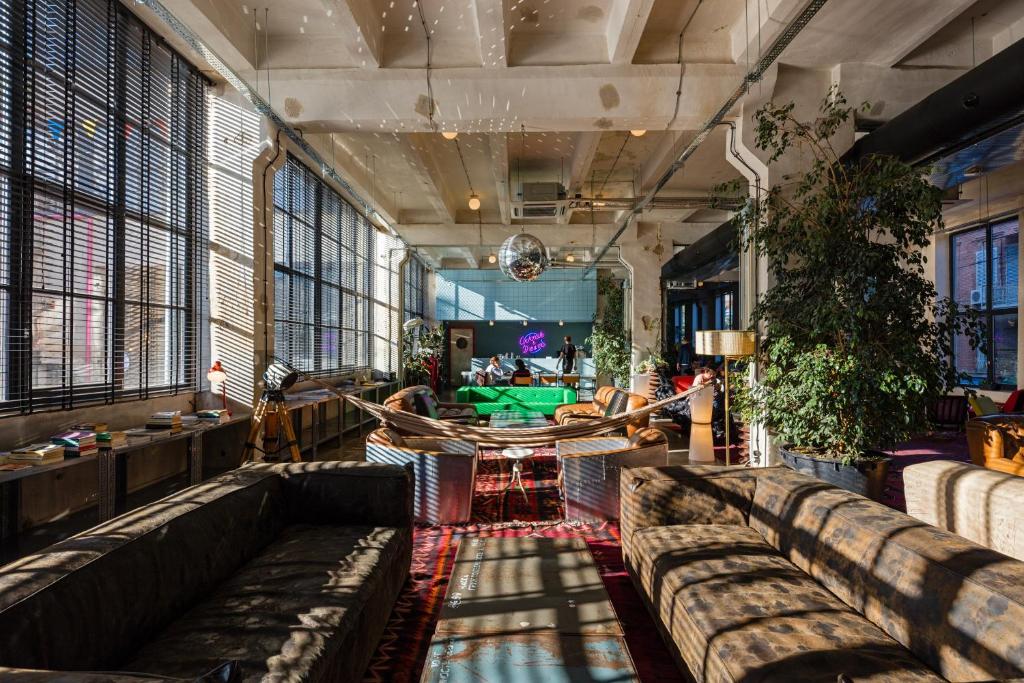 Concrete courtyard of a converted sewing factory